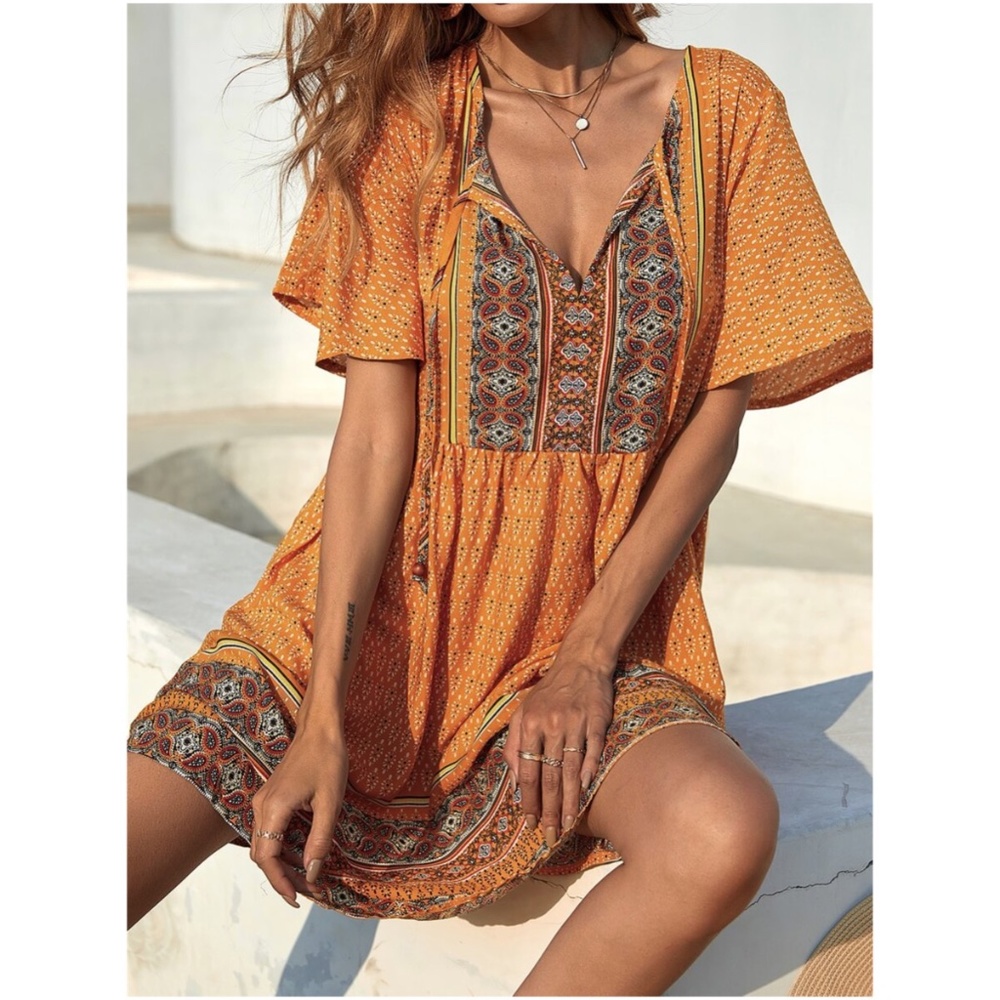 Boho Orange Paisley Floral Print Mini Dress Smock